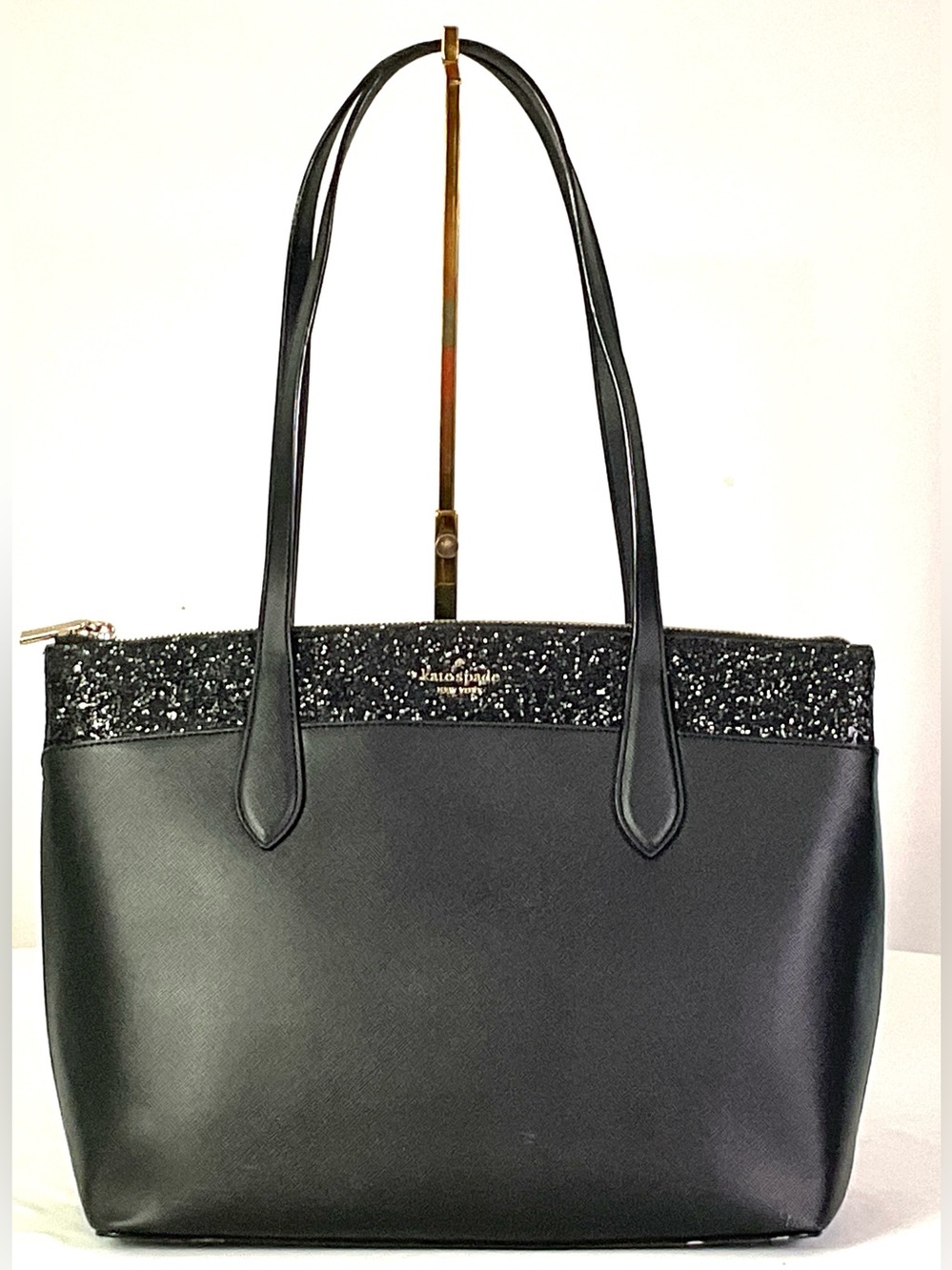 NWOT-Kate Spade-black saffiano leather tote/shoulder bag, black glitter trim